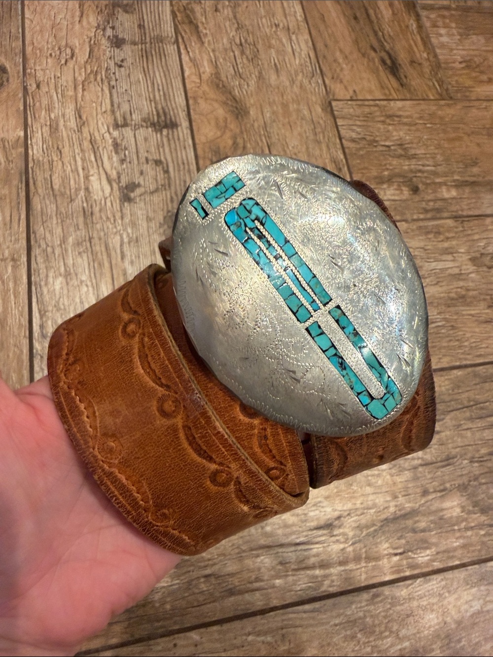 Vintage Navajo leather tooled belt silver turquoise inlay belt buckle